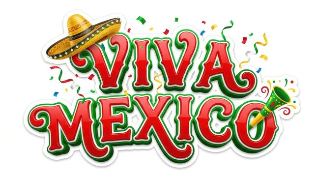 Vibrant Viva Mexico celebration banner with sombrero and chili peppers. Festive Cinco de Mayo party decoration with colorful confetti and patriotic...