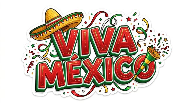 Vibrant Viva Mexico fiesta celebration banner with sombrero. Colorful Cinco de Mayo party decoration featuring confetti and festive text.