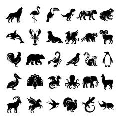 Fototapeta premium Various animal and mythical creature silhouette icon set for creative projects with silhouette wildlife creature mythical collection flamingo dinosaur scorpion elephant