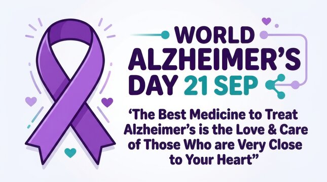 World Alzheimer's Day awareness ribbon campaign poster. Purple dementia support symbol with inspirational quote for healthcare and memory care mark...