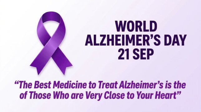 World Alzheimer's Day awareness poster with purple ribbon. Healthcare campaign graphic promoting memory loss support and dementia care.