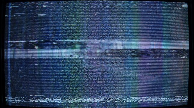 Digital television screen showing intense blue static noise with horizontal scanning lines and grainy texture pattern
