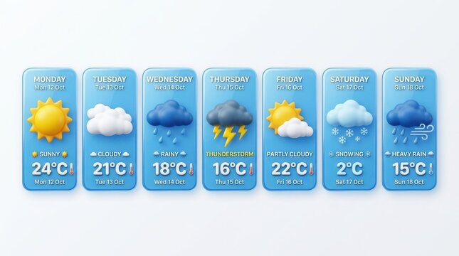 Weather forecast icons with temperature display on blue sky background. Modern flat design climate symbols for app UI and digital infographics.