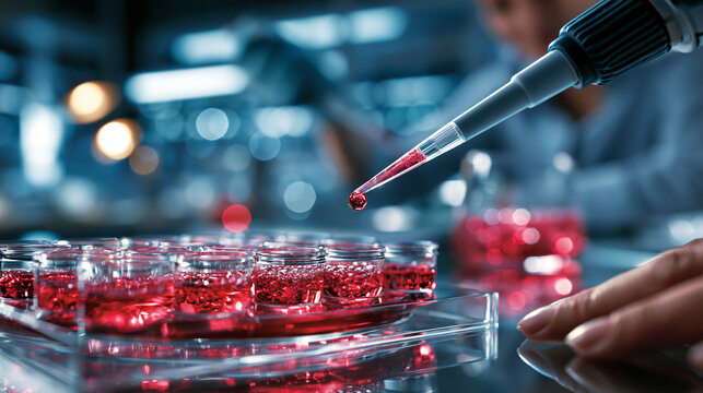 Macro of a red cell culture microplate with a pipette dispensing into the wells bright modern research setting cell culture plate pipette wells macro laboratory biobank