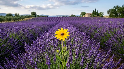 Fototapeta premium Vibrant purple lavender field with bright yellow flower.