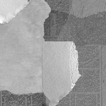 Abstract collage of torn newspaper and textured paper in grayscale.