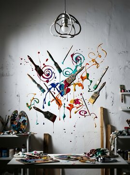 Dynamic display of floating paint brushes and vibrant splatters