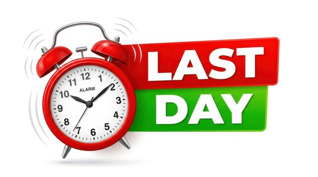 Last day countdown with alarm clock deadline. Urgent time-sensitive promotion banner for sales and limited offers.