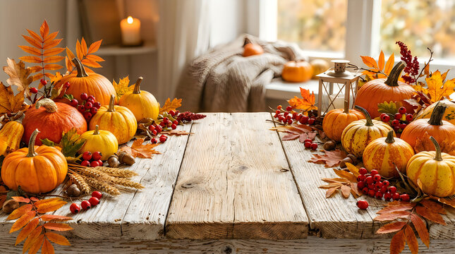 Autumn harvest table decoration with pumpkins and seasonal fruits on wooden surface
