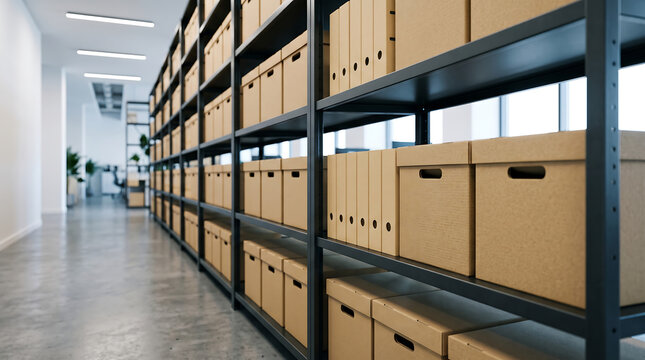 Side perspective of metal storage racks filled with organized cardboard archive boxes and hanging file folders in an office shelving document cardboard business