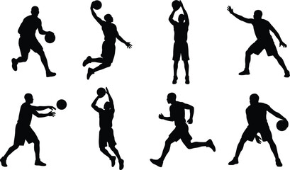 Basketball Player Silhouette Icons Depicting Dribbling, Dunking, Shooting, Passing, Defending, and Running Action Poses © SHOURAV DATTA