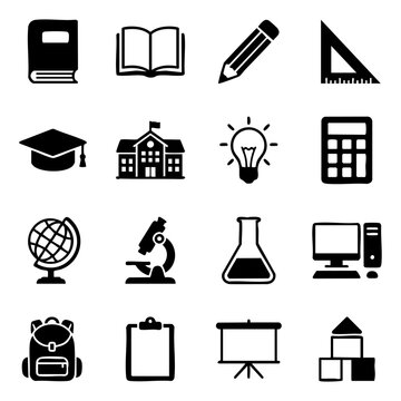 Set of black educational icons for school and university learning with education university learning knowledge academic classroom teaching research supplies calculator microscope computer