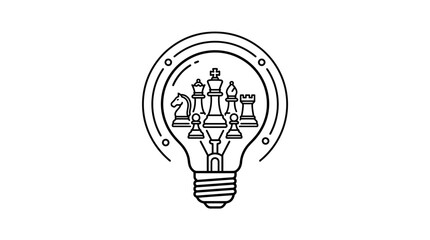 Elegant Black and White Line Drawing of Chess Pieces Inside a Light Bulb Symbolizing Innovation and Strategy © m ruri