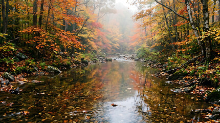 Autumn forest river landscape with colorful fall foliage, misty woodland stream with orange maple trees, scenic nature background with water reflection © KULSUMA