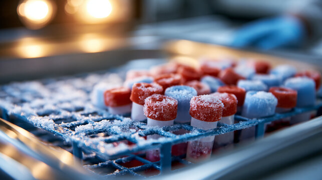 Ultra low temperature laboratory freezer storing human cell samples in cryovials bright clean interior with frosted racks ultra low freezer human cells cryovial cold storage