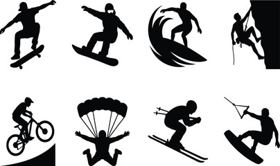 Extreme Sports Silhouette Collection Set with Skateboarding Snowboarding Surfing Rock Climbing BMX Skydiving Skiing and Wakeboarding Vector Illustration © SHOURAV DATTA
