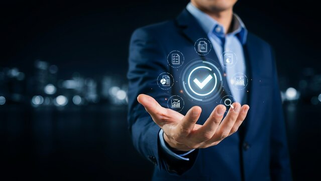 Businessman showing digital quality assurance. Professional checking compliance and standards.