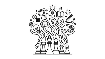 Industrial Black and White Line Art Chess Pieces with Innovation Symbols Gears Lightbulbs and Circuitry © m ruri