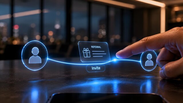 Referral program concept hand interacting with digital invitation interface
