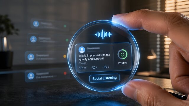 Social listening analytics dashboard monitoring brand sentiment and customer feedback