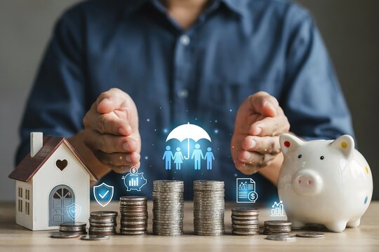 Man protecting coins and house model. Financial insurance concept for family security.
