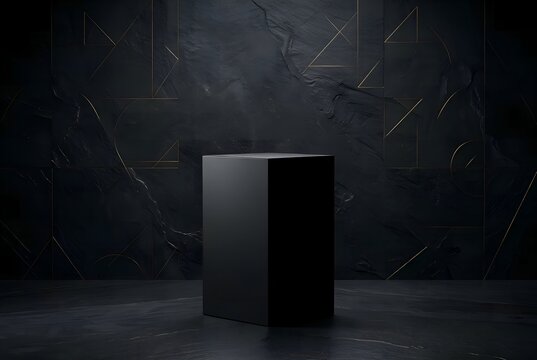 Luxury black rectangular pedestal with fine gold geometric lines on dark stone background