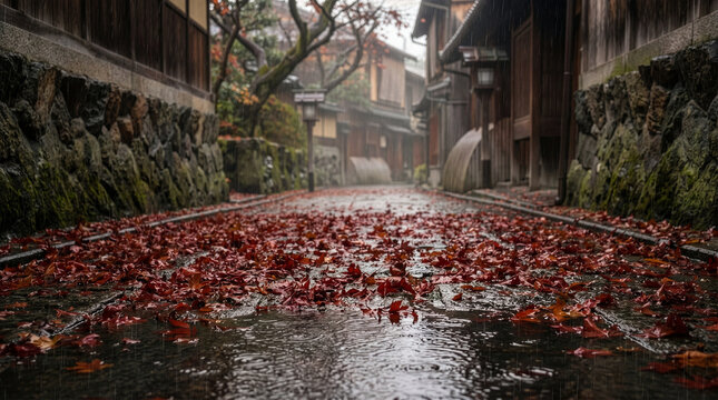Autumn Leaves 014 Red Autumn Leaves on Wet Stone Pavement in Rainy Traditional Japanese Townscape（雨の伝統的な日本の街並みで濡れた石畳を覆う赤い紅葉）