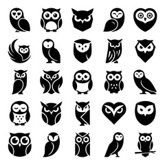 Fototapeta premium Set of diverse owl icons in black silhouette showing various poses and styles with silhouette wildlife nocturnal collection birdofprey minimalist stylized creature predator feathers creative