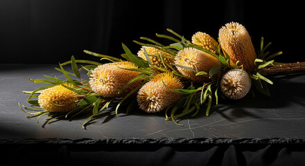 Fototapeta premium A bouquet of spiky yellow and white banksia flowers with green leaves on a dark textured surface, symbolizing natural beauty and botanical interest