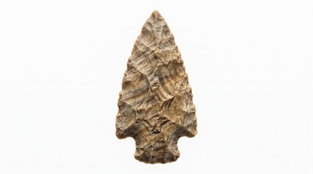 Ancient stone arrowhead isolated on white background. Prehistoric flint tool artifact for archaeology and history projects.