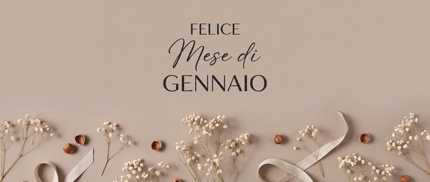 Italian January greeting banner background featuring elegant text Felice Mese di Gennaio with minimalist flat lay decoration of dried gypsophila flowers, hazelnuts, and ribbons on beige paper.