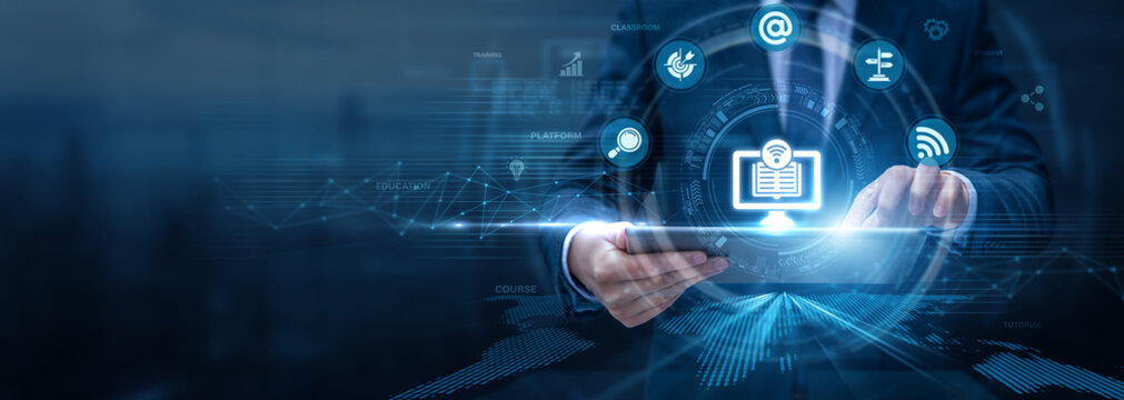 E-learning Specialist Analysing E-learning Using Tablet and Networking Data, online education platforms, digital classrooms, interactive learning systems, remote training solutions