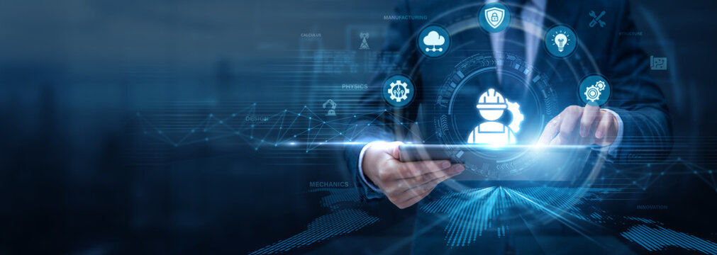 Professional Engineer Analysing Engineering Using Tablet and Networking Data, structural design systems, technical innovation, industrial solutions, advanced development processes