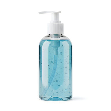 Blue hand sanitizer gel in clear pump bottle, antibacterial liquid soap dispenser on white background, antiseptic alcohol gel for hygiene and virus protection