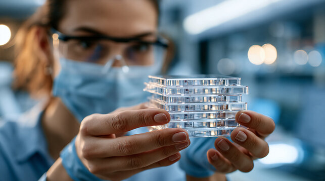 Researcher in goggles and mask holding a stack of clear cell culture plates face out of focus behind protective gear bright clean lab researcher cell culture plates goggles