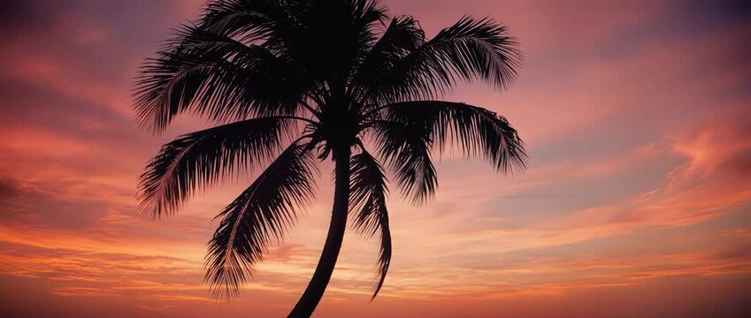 Silhouette of a single palm tree against a vibrant sunset sky at dusk