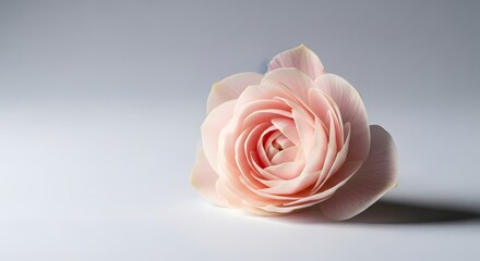 Fototapeta premium Elegant light pink ranunculus flower head lying on clean white surface with soft side shadow effect.