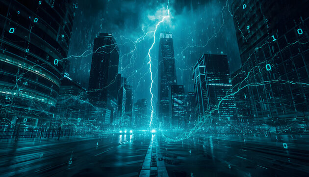 Digital storm of vibrant binary code in shades of electric blue and green raining down over a cityscape of sleek metallic skyscrapers with intricate architectural details, set against a dark moody bac