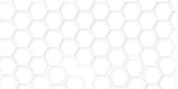 White Hexagonal Background. Luxury White Pattern. Futuristic honeycomb mosaic white background. Abstract embossed hexagon. Surface polygon pattern with glowing hexagon paper texture.	