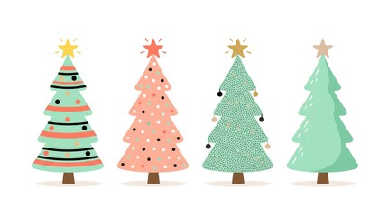 Obraz premium Four festive Christmas trees with colorful ornaments and stars. Vector illustration of holiday evergreens decorated for seasonal celebrations and w...