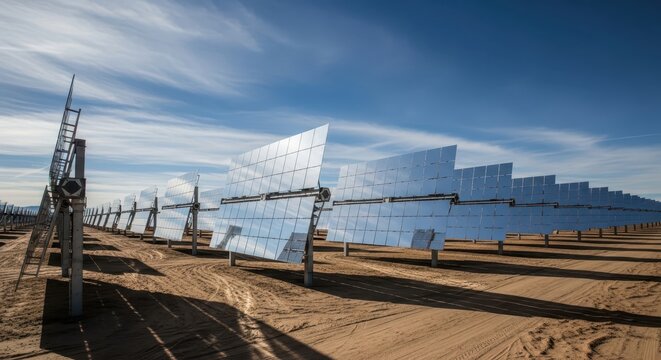 Solar Power Plant with Large Mirror Arrays in Desert Under Clear Blue Sky for Renewable Energy Production