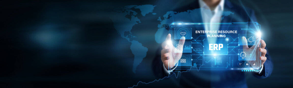 ERP Consultant analysing Enterprise Resource Planning using a virtual digital screen. Business data for decision-making, integrated systems, workflow automation, enterprise management.