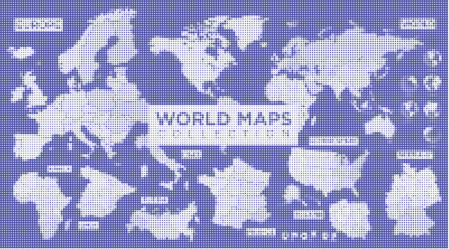 World maps collection, set of halftone dotted silhouettes of continents and countries, vector illustration