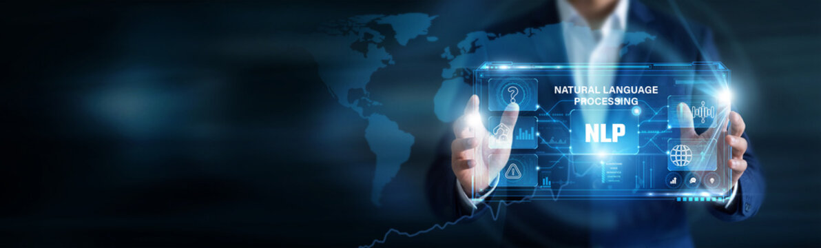 AI Engineer analysing Natural Language Processing using a virtual digital screen. Text data for decision-making, language models, AI communication systems, linguistic analysis.