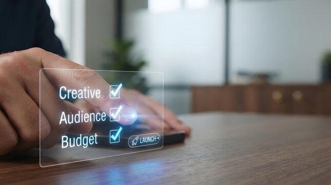 Marketing checklist with hand and digital display campaign planning execution