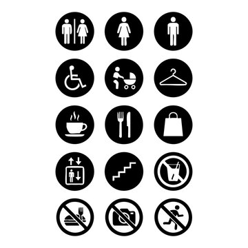 Public signage and facility information icons with facility information restroom disabled wheelchair stroller shopping elevator drinking photography graphics wayfinding navigation