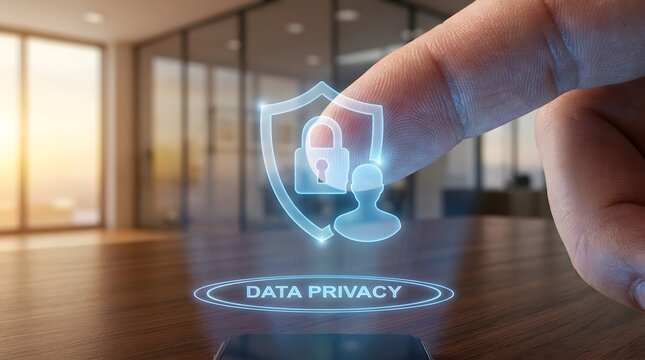 Data privacy and security concept with finger touch and padlock icon