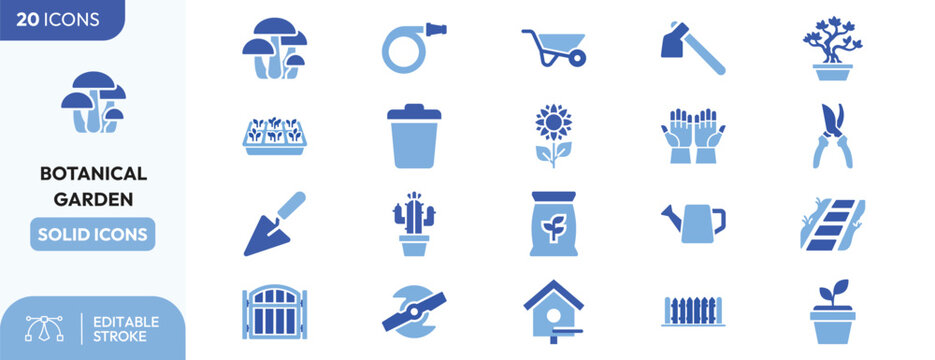 Nature Cultivation set. Containing mushrooms, pruning shears, wheelbarrow, potted bonsai, garden gloves, seedling, shovel, watering can, greenhouse, and garden. Editable stroke. Vector illustration.