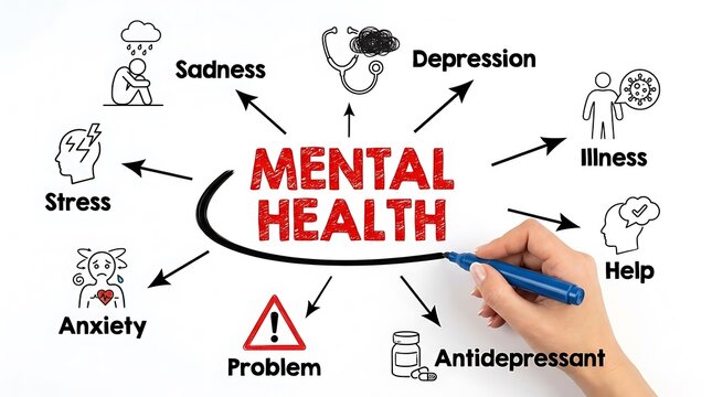 Mental health diagram with hand drawing connection icons on whiteboard, wellness