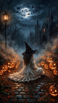 Spooky halloween wallpaper witch by haunted castle with jack o' lanterns and full moon